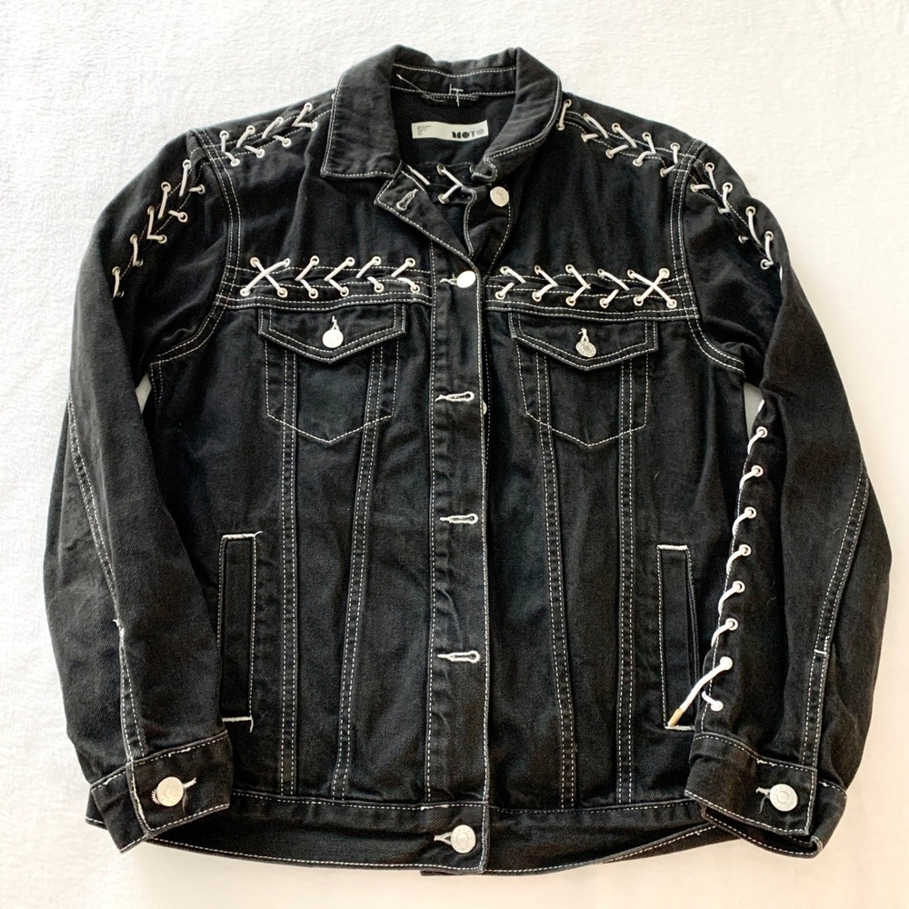 Topshop Moto Lace Up Denim Jacket Womens Size 4 Black Contrast Stitch Y2K Edgy